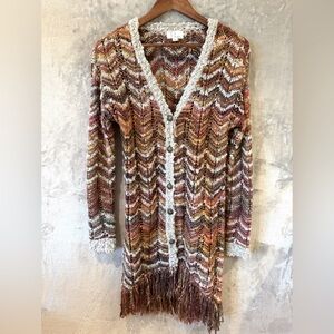 Long Penny Lane Sweater metallic Buttons Fringe Sz M Boho Festival Western